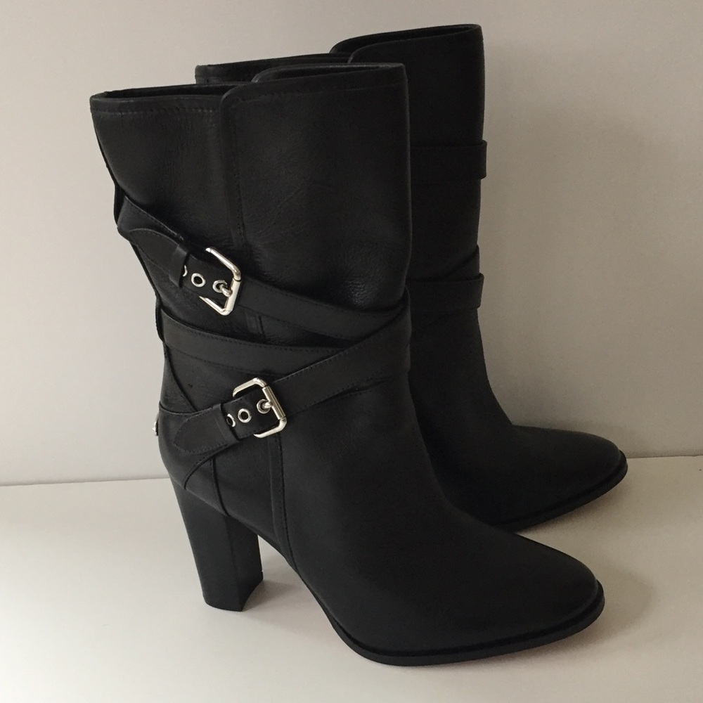 NEW Women's Girl's Coach Alexandra Black Leather Mid Calf Pull On Boots Size 8
